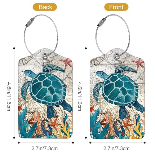 2Pack Luggage Tags for Suitcases, Cute Unique Pu Leather Cruise Luggage Tag with Privacy Cover ID Label Address Card and Metal Ring Suitable for Women Men Kids Travel Bag Retro Map Turtle
