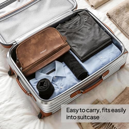 TOPEAST Toiletry Bag for Men, Large PU Leather Dopp Kit with Waterproof Wet Pocket, Double Layer Travel Toiletry Organizer with Brush Compartment, Shaving Bag with Handle, Brown