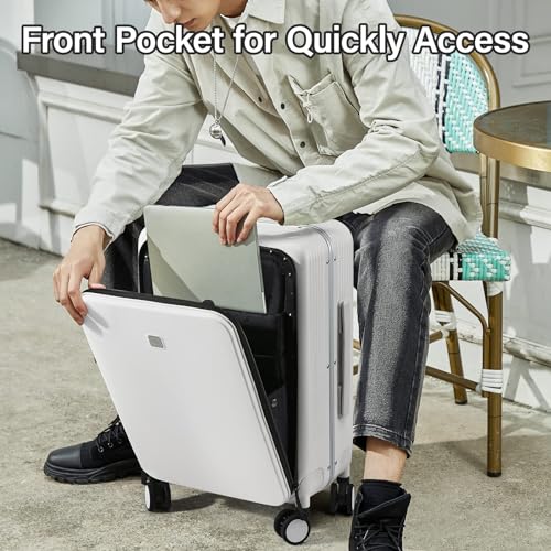 Hanke 24 Inch Checked Luggage with Front Pocket Aluminum Frame （Can Not Open in The Middle）Hard Shell Suitcases with Wheels Rolling Luggage Suitcase with Lock Travel Luggage for Weekender-Smoke White