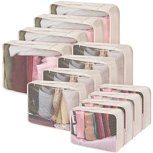 Silkfly 12 Pcs Packing Cubes for Suitcase Travel Luggage Bags Bulk Mesh Organizer Set for Hiking Camping Backpacking Clothes Accessories(Light Khaki, XL, L, M Size)