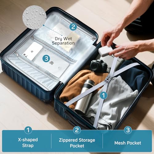 CASELLY Luggage sets 3 piece with Spinner Wheels, PC Hard Shell Travel Luggage, Carry On suitcase with TSA Lock,YKK Zippers,Charcoal Metallic (Navy, 3 Piece Sets(20/24/28))