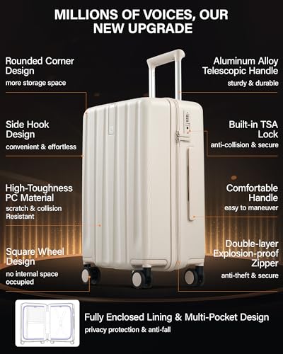 Hanke Upgraded Elite 20 Inch Carry On Luggage 22x14x9 Airline Approved,PC Hard Shell Suitcases with Wheels, TSA Lock, Explosion-Proof Zipper Suitcase for Business Travel Men & Women,Ivory White