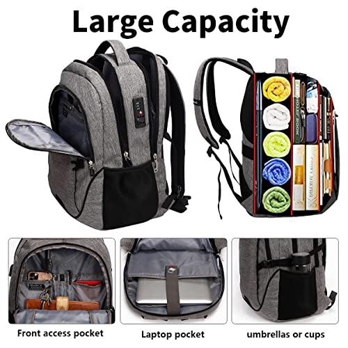 SHRRADOO Anti Theft Laptop Backpack Travel Backpacks with Combination Lock for Women Men College Backpack Computer Bag Fits 17 Inch Laptop,Grey