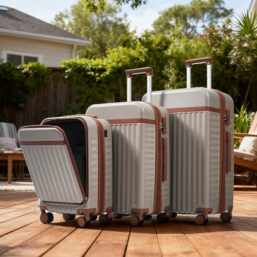 3 Piece Luggage Set ABS Hardshell Lightweight Suitcase Sets with Spinner Wheels and TSA Lock, 20 inch with Front Opening Design and USB Port, 20" Airline Certified Carry-on Luggage, 20"24"28", Khaki