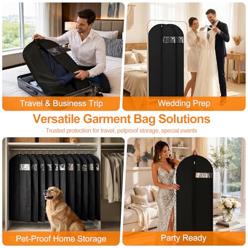 Garment Bags for Travel & Hanging Clothes, 55" Suit Bag for Closet Storage, Lightweight Dress Bags for Gowns Long, Dustproof Garment Covers with Clear Window & Reinforced Zipper, Black (1 Pack)
