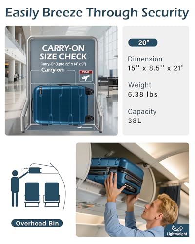 Coolife Carry On Luggage 22x14x9 Airline Approved Hardside PC+ABS Suitcase with TSA Lock, Lightweight Rolling Travel Luggage with Spinner Wheels(Caribbean Blue, 20in)