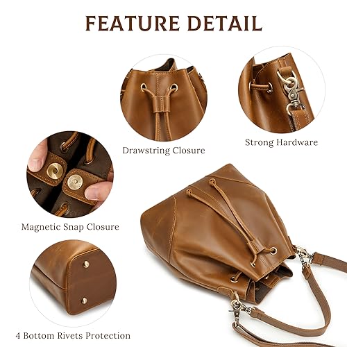 S-ZONE Genuine Leather Bucket Bags for Women Drawstring Crossbody Purses Shoulder Top Handle Handbags with 2 Straps