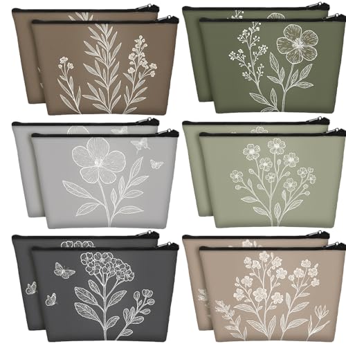 Sweetude 12 Pcs Vintage Flowers Makeup Bag Bulk Boho Gifts Portable Travel Cosmetic Bags with Zipper Retro Floral Waterproof Roomy Travel Beauty Toiletry Organizer Storage Pouch for Women