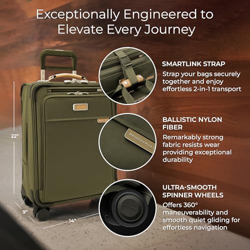 Briggs & Riley Essential 22" Carry On Expandable Spinner - Luggage for Travel, Suitcases with Wheels, Softside Rolling Bag for Men & Women, Self-Repairing Zipper - Baseline Collection, Olive