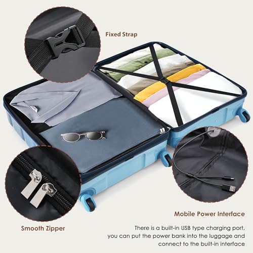 Merax 3 Piece Luggage Set ABS PC Hardside Lightweight Suitcase Sets Spinner Wheels Suitcase with TSA Lock, 20 inch Airline Certified Carry on Luggage with USB Port, 20" 24" 28", Gradient Blue