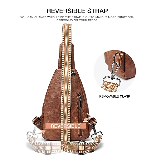 LATMAP Sling Bag For Women Fanny Pack Faux Leather Small Casual Day-pack Backpack Crossbody Chest Bags Purse Waterproof Anti Theft,Brown