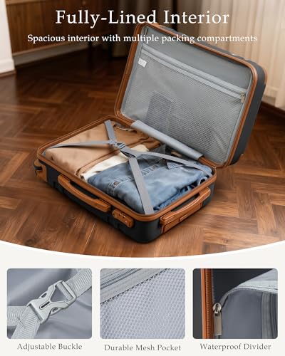 LONG VACATION Luggage Sets 5 Piece, Suitcases With Wheels, PC+ABS Hardshell Luggage Set with Spinner Wheels, TSA Lock (Black Brown)