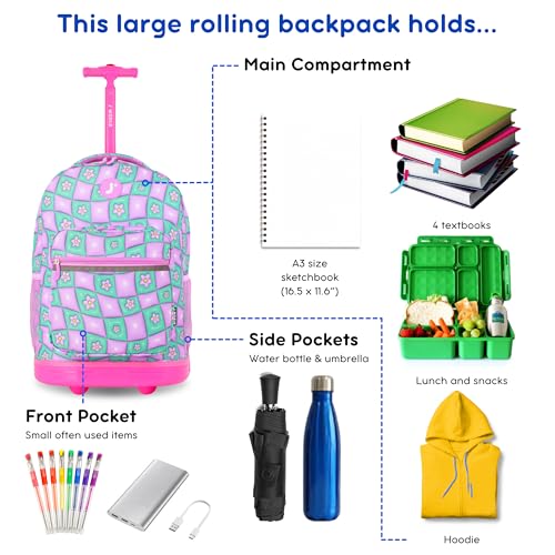 J World Sunrise Kids Rolling Backpack with Wheels for Girls Boys, Roller Bookbag for School, 18 x 13 x 9 Inches, Puffy Flower