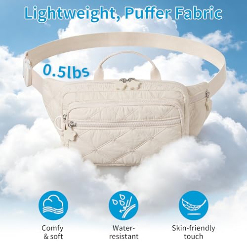 Quilted Fanny Pack for Women, Lightweight Puffy Crossbody Sling Belt Bag with Adjustable Strap, Multi-Pocket Dual Zipper Waist Purse for Travel Running Casual Daily Use (Black)