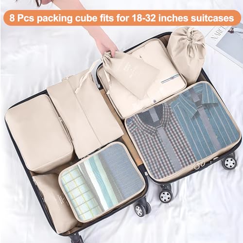 YEEYAA Packing Cubes for Travel- 8 Set Luggage Organizer Bags for Family, Mesh Breathable Travel Packing Cubes for Suitcases Durable Travel Essentials Bags Set (Beige, 8 Set)