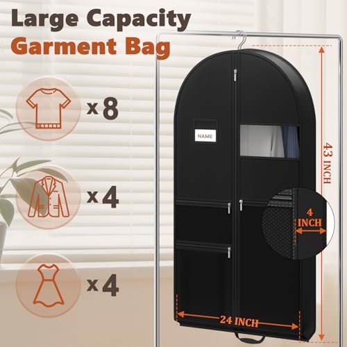 PUPILLEMON 43" Garment Bag for Travel, Heavy Duty Suit Bag with Zipper Pocket, Hanging Bags for Clothes, Dresses, Coats, Shoes (Black, 2 Packs)