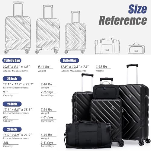 Eeeza Luggage Sets 5 Piece, Suitcases with Wheels, ABS Hard Case Luggage with TSA Lock Spinner Wheels, Carry On Luggage Set(5 Piece Sets (20"/24"/28"/DB/TB))