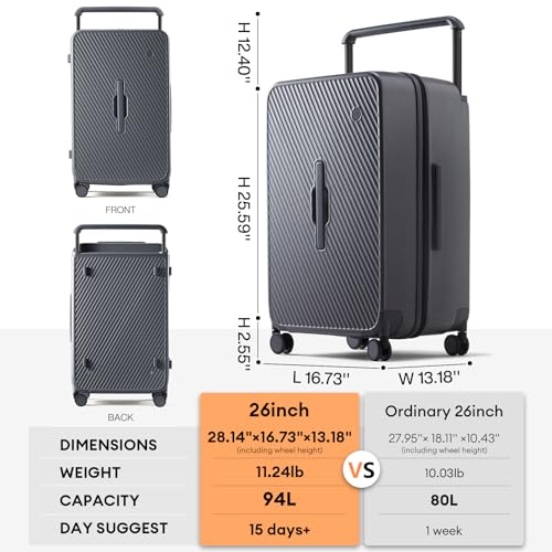 mixi 26 Inch Large Checked Luggage Suitcase with Spinner Wheels Upgrade Wide Handle PC Hard Shell Rolling Travel Suitcase with TSA Lock, Rock Gray