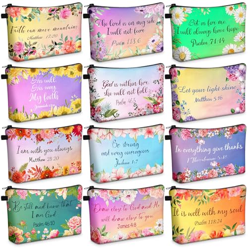 Chunful 12 Pcs Inspirational Christian Gifts Religious Makeup Bags Bulk for Women Bible Verse Flower Cosmetic Bag Gift for Church Ladies, 7.48 x 4.72 Inch(Stylish)