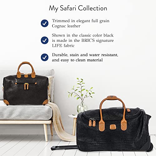 Bric’s My Safari Rolling Duffel Bag – Luxury Water-Resistant Coated PVC Travel Bag with Wheels, Leather Trim, TSA Lock, Carry-On Luggage - 21 Inch, Black