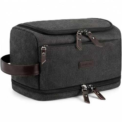 ZOMFELT Toiletry Bag for Men, Dual Layers Canvas Travel Toiletries Bag, Water-Resistant Travel Organizer with Elastic, Large Capacity Dopp Kit, Hanging Shaving Hygiene Bag, Black