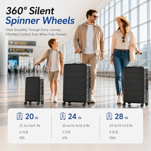 YOETEY Luggage Sets 3 Piece, Expandable Hardshell Suitcase with TSA Lock & Silent Spinner Wheels, Lightweight Hardside Travel Suitcase Set for International Trips (20/24/28 in, Black)