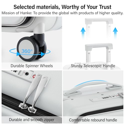 Hanke 24 Inch Checked Luggage with Cup Holder and USB Ports,Top Opening Hard Shell Suitcase with Wheels,Aluminum Frame Trunk Luggage with Foldable Dividers & TSA Lock for Travel, Smoke White