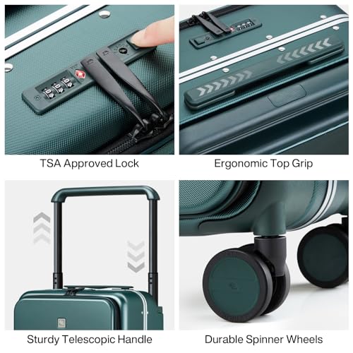 Hanke Wide Handle Luggage, 24 Inch Suitcase with Front Pocket, Top Open PC Hard Shell Suitcases with Spinner Wheels,Trunk Style Zipperless Aluminum Luggages Large Checked In(Blackish Green, 69L)