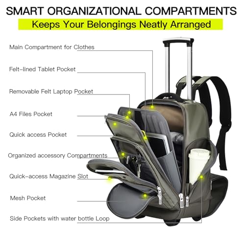 Heliar Rolling Backpack with Wheels | Wheeled Roller Backpack for Business & Travel, Adjustable 13-18 Inch Laptop Backpack with Laptop Compartment & Carry-On Design