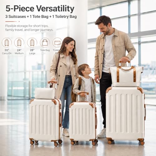 YOETEY Luggage Sets 5 Piece, Hardside Suitcase with Wheels, TSA Approved, White Brown