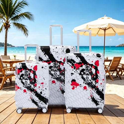 Japovker 3 Piece Luggage Set, 20/24/28 Inch PC Hardshell Suitcases with Printed Pattern, Lightweight Carry On with TSA Lock, 360° Spinner Wheels, Checked Family Travel Luggage sets (Black)