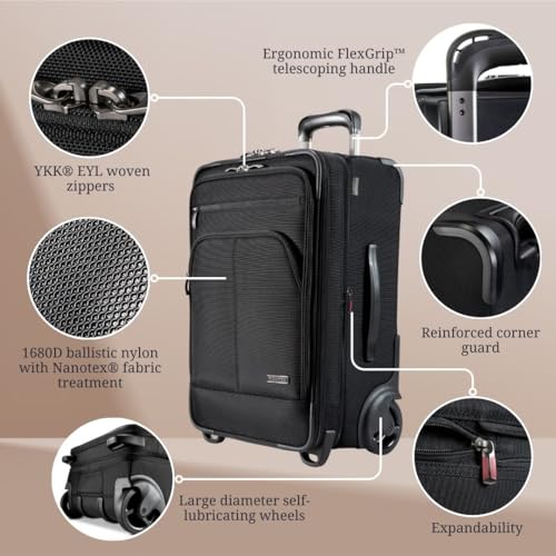 Ricardo Beverly Hills Flight Essentials Softside Expandable Carry-On Travel Luggage with Wheels, Durable Ballistic Nylon Fabric, Water and Stain Resistant, Men and Women, 22-Inch (Black)