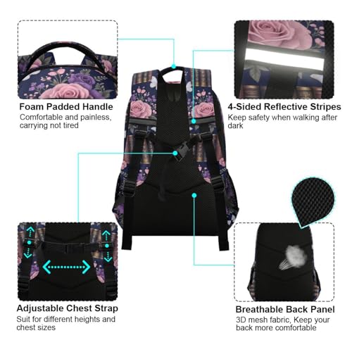 Dark Academia Floral & Book Print kid backpack for school with chest strap bookbag for men para bebes varon