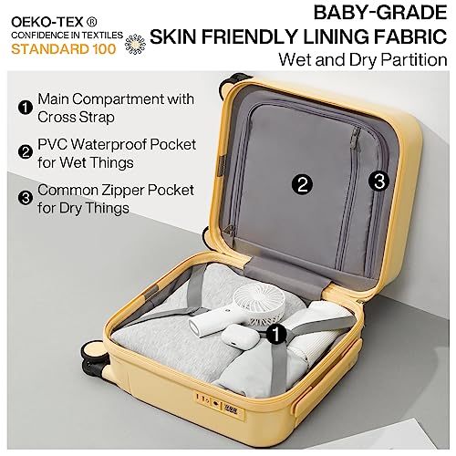 mixi 14 Inch Underseat Luggage Carry on Suitcase Free Boarding Personal Item Suitcases with Spinner Wheels Hardshell Lightweight PC for Short Travel, Lark Yellow