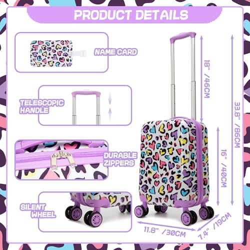 Inprof Kids Luggage with Spinner Wheels Carry on Suitcases for Girls 2 Piece Luggage Sets 16" Toddler Suitcase for Kids Rolling Suitcase Airline Approved (Bainbow Leopard)