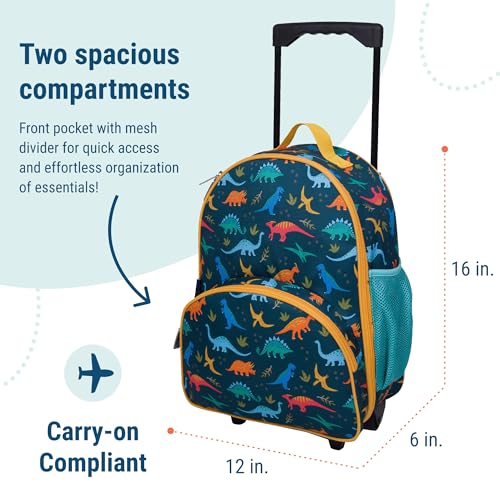 Wildkin Kids 16 Inch Rolling Luggage for Boys & Girls – Lightweight Carry-On Suitcase with Telescoping Handle & Rolling Wheels for School, Travel & Overnight Trips, Ages 3–7 – Jurassic Dinosaurs