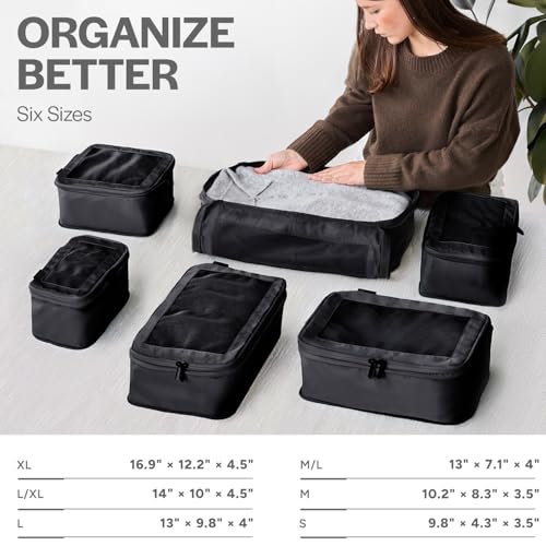 Aerotrunk Compression Packing Cubes for Travel - Luggage Organizer Bags - Double Zipper Packing Cubes for Suitcases (6-Pack, Black)