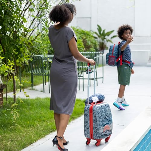 NAUTICA Kids Luggage - 18" Airline Approved Rolling Hardside Upright Carry-on Suitcase Set with Wheels (Shark Attack | 5pc Travel Set)