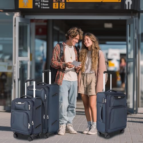 WireHot 3-Piece Softside Expandable Luggage Set with Front Open Pocket, Lightweight and Durable Oxford Fabric Suitcase Set with TSA Lock (Blue, 20in/24in/28in)