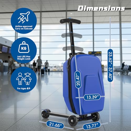 Lavoker 20" Hardshell Scooter Suitcase for Kid & Adult Foldable 2 in 1 Ride on Carry on Travel Trolley Scooter Luggage With Wheels