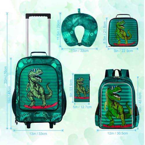 gxtvo 5PCS Kids Luggage Set with Wheels for Boys, Cool Dinosaur Rolling Carry-On Suitcase for Toddler Children