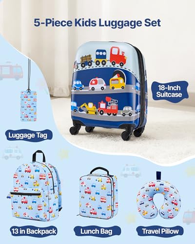 VEVOR Kids Luggage Set, 5 Piece, 18 Inch Hardside Rolling Wheels Suitcase with Backpack & U-shape Pillow, Truck Kids Carry on Luggage Set, Holiday Birthday Gift for Girls Boys, Airline Approved