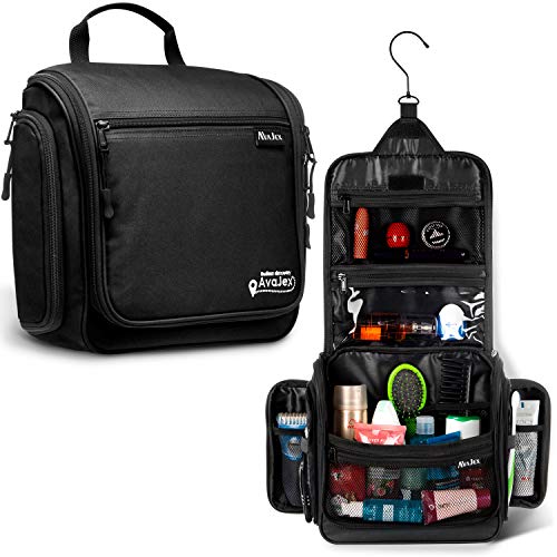 AvaJex Travel Toiletry Bag for Men - Large Dopp Kit (10.6"x10.6"x3.2") - Hanging Waterproof Mens Hygiene Organizer Bag with XXL Metal Swivel Hook, Sturdy Zippers and 19 Compartments for Toiletries