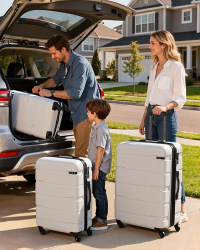 Coolife Luggage Set 3 Piece Hardside PC+ABS Suitcase with TSA Lock, Expandable Large Checked Luggage, Lightweight Rolling Carry On with Spinner Wheels(20/24/28 Inch, White)