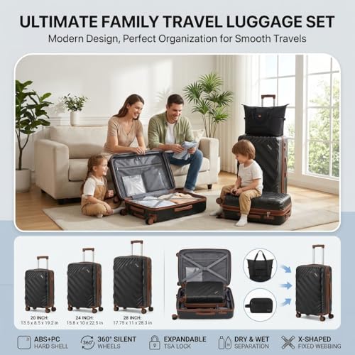Rosamo 5 Piece Luggage Set Expandable Hardside, 20/24/28in Suitcases with Matching Travel Bags, 22x14x9 Airline Approved Carry On, TSA Lock, Spinner Wheels, ABS+PC