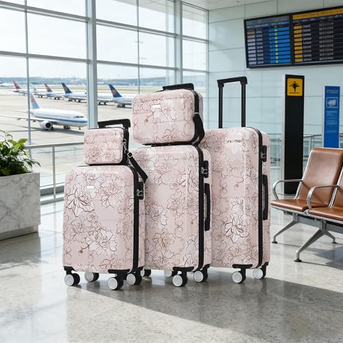 ApilithHive Luggage Sets 5 Piece PC Hardside Suitcase with Spinner Wheels & 3-Digit Lock, 20/24/28" Luggage +14" Cosmetic Case & 8" Handbag for Women (Pink Flower)