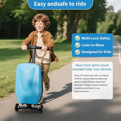 GDLHY 2-in-1 Ride-On Scooter Suitcase,Carry On Hardshell Ride On Suitcase Scooter for Kids Age 4-15, Multifunctional Ride On Lightweight Kids Luggage with Wheels(Size:Blue)
