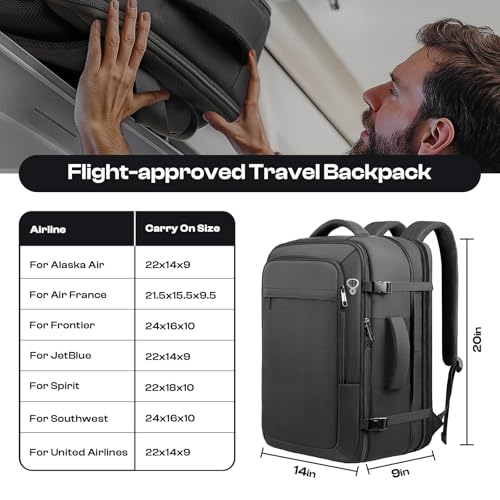 Sirmaeed Carry on Backpack for 1-10 Days Trips, Extra Large 40L-50L Travel Backpack TSA Approved, Expandable Laptop Bagpack, Water Resistant Bag Compatible with 17.3 inch Laptops, Black