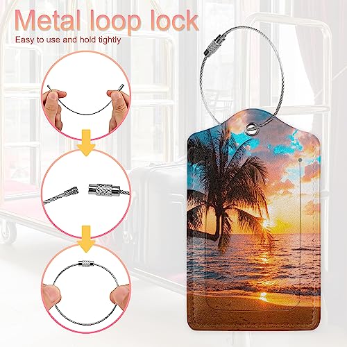Tropical Palm Luggage Tags Set of 2 Leather Luggage Tags Privacy Cover Suitcase Label with Stainless Steel Loop for Women/Men Travel,Sunset Trees Sea Beach