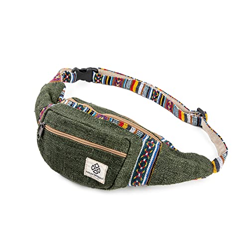 Freakmandu Eco-Friendly Green Boho Hippie Style Hemp Fanny Pack Cross Body Hip Waist Bag for Hiking Running Jogging (Safari)
